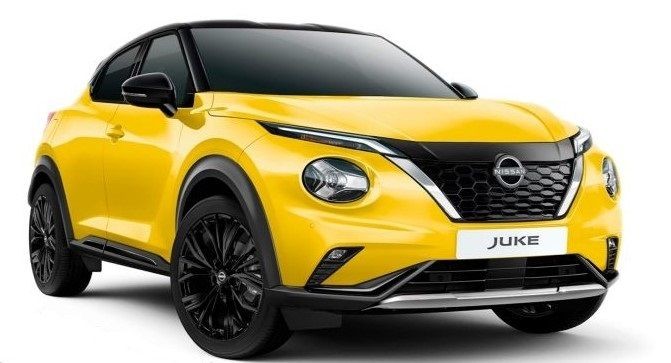 Front and side view of a yellow Nissan Juke compact SUV with black trim and alloy wheels.